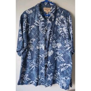 Havana Jack's SILK Cafe Men's XXL Shirt Blue Palm Leaves Flower Short Sleeve